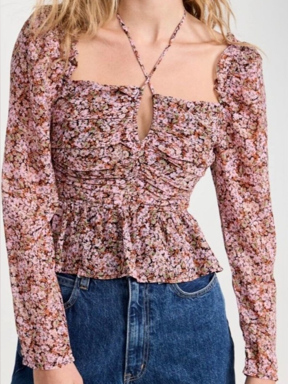 ASTR The Label Toni Keyhole Square Neck Smocked Floral Chiffon Blouse Size M